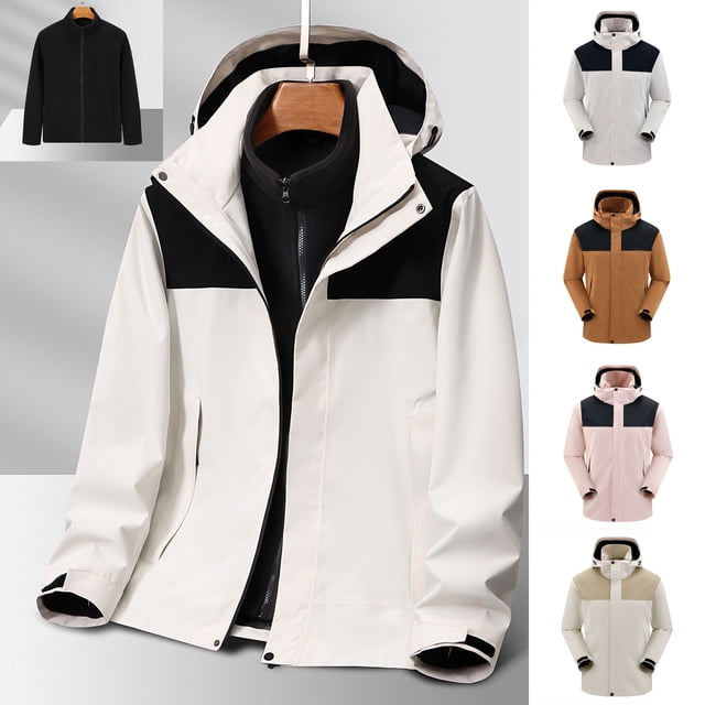 Sentmoon Two Piece Sets Jackets for Men and Tops Solid Color Long Sleeve Hooded Neck Coats for Men Winter Plus Size Zipper Windbreaker Mens Fall Clothes with Pockets for Walking and Daily