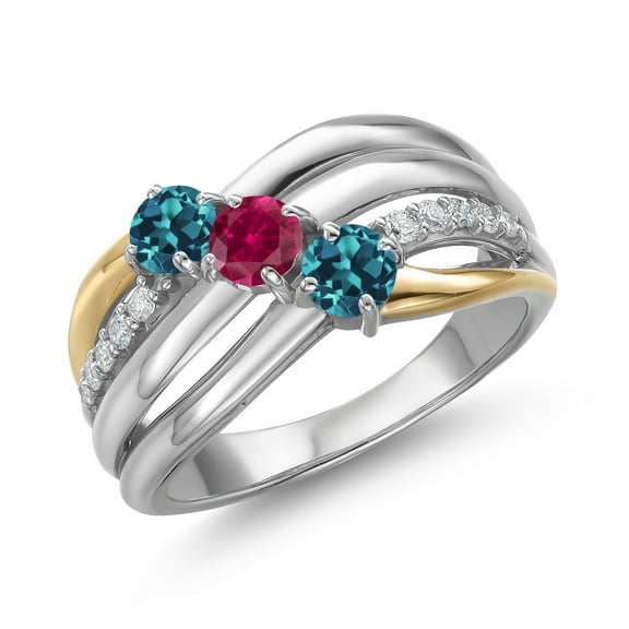 Gem Stone King 925 Silver and 10K Yellow Gold London Blue Topaz and Red Created Ruby and Lab Grown Diamond Engagement Ring for Women | 1.06 Cttw | Round 4MM | November Birthstone | Size 7