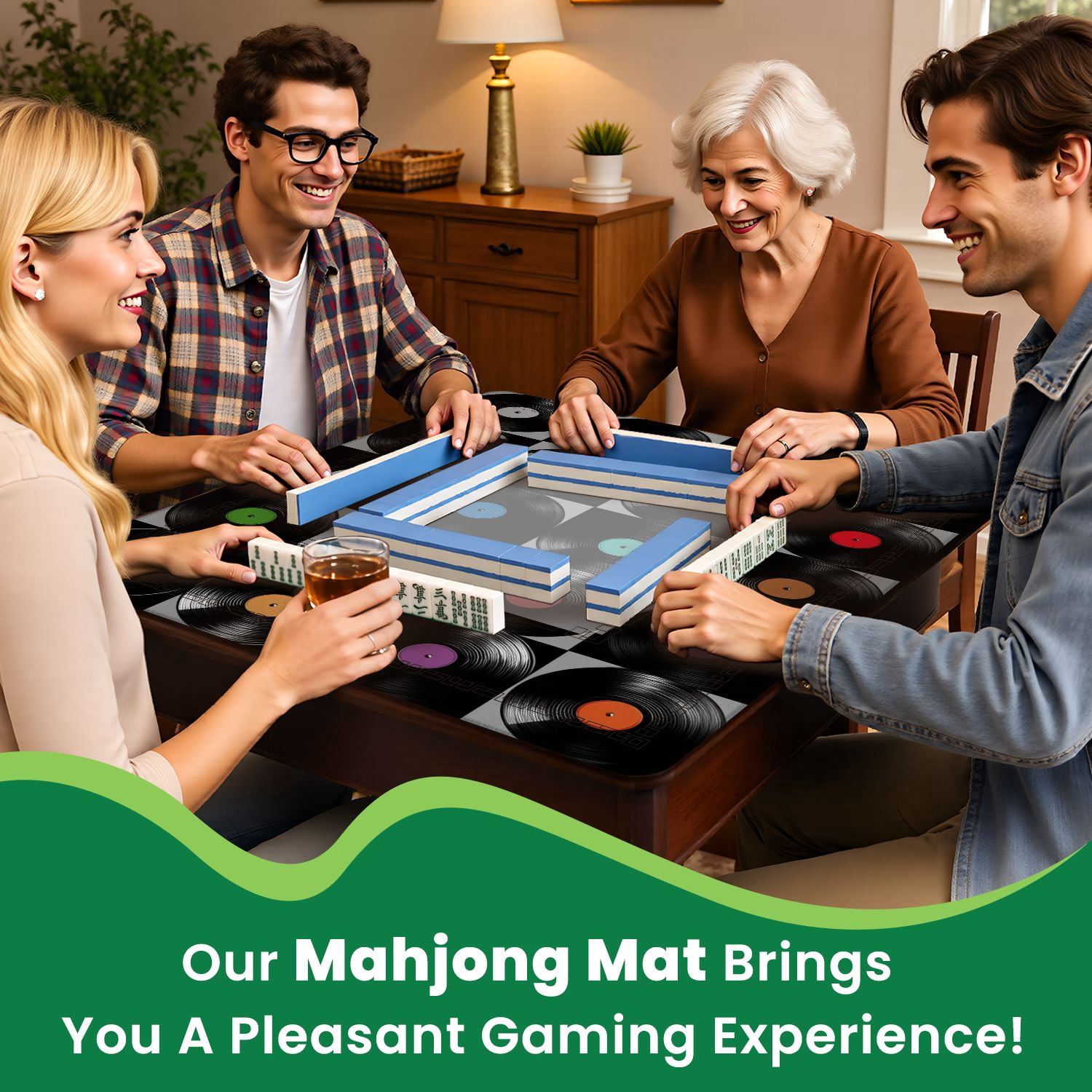 Mahjong Mat 31.5" x 31.5" Simple geometric seamless vinyl records Vintage musical Non-Slip Noise Reduction American Mahjong Tiles Table Cover for Dominoes Poker Card Board Games Gift