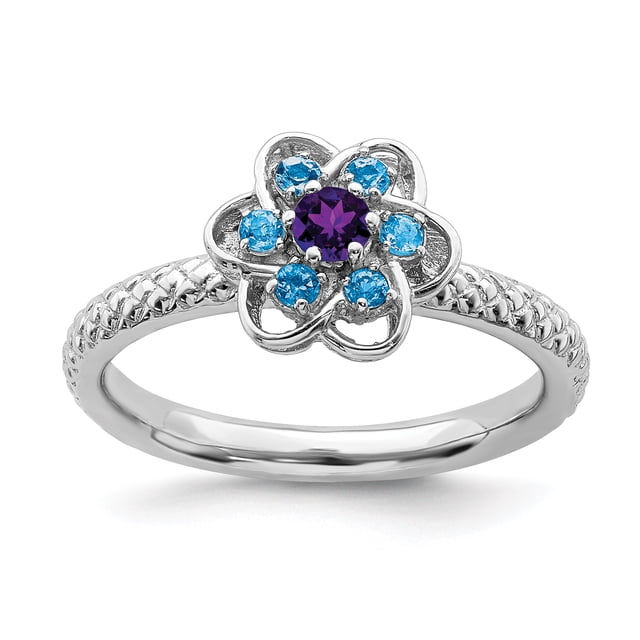 925 Sterling Silver Amethyst Blue Topaz Stackable Ring Flower Leaf Gemstone Birthstone February December Multiple
