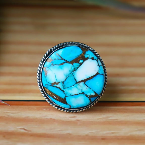 Ice Blue Mohave Turquoise Ring, 925 Silver Ring, Round Cut Gemstone, Healing Ring, Statement Ring, Gothic Ring, Vintage Ring, Gift For Her