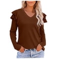 thumbnail image 1 of EQWLJWE Blouses à Manches Longues pour Femmes Mode Décontractée pour Femmes Couleur Unie Chandail Ample à Volants Manches Longues Col en V Tops, 1 of 6