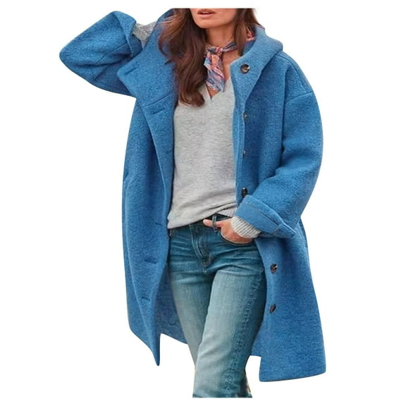 Stichou Womens Wool Blend Pea Coat Winter Warm Single Breasted Hooded Trench Coat Casual Office Work Dressy Outwear Jacket Blue XL