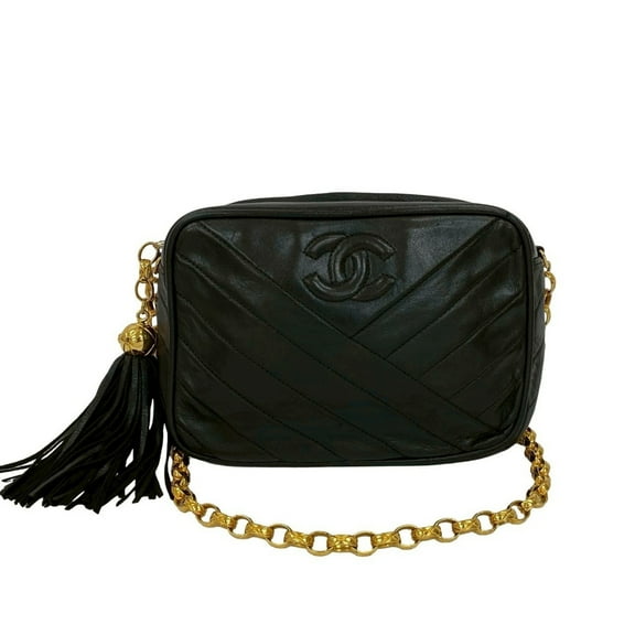 Pre-Owned CHANEL Coco Mark V-Stitch Tassel Lambskin Chain Shoulder Bag Black 28437 (Good)