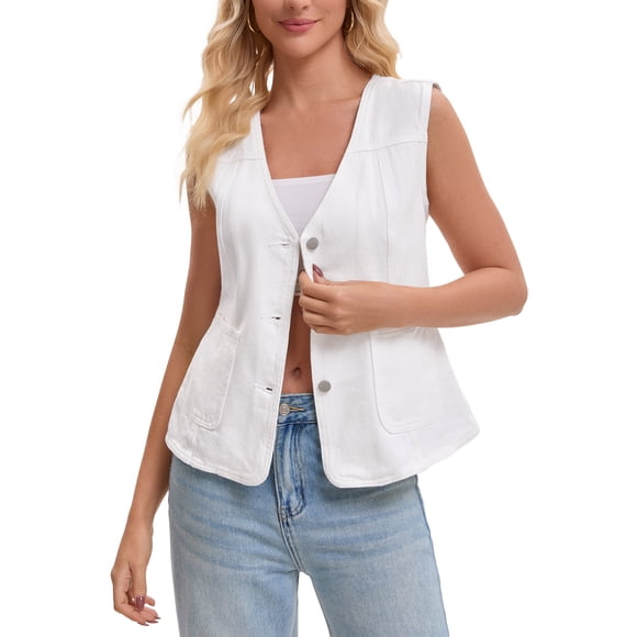 INSPIRE CHIC Women's Vest Denim V Neck Patch Pockets Button Down Sleeveless Jean Jacket XL White