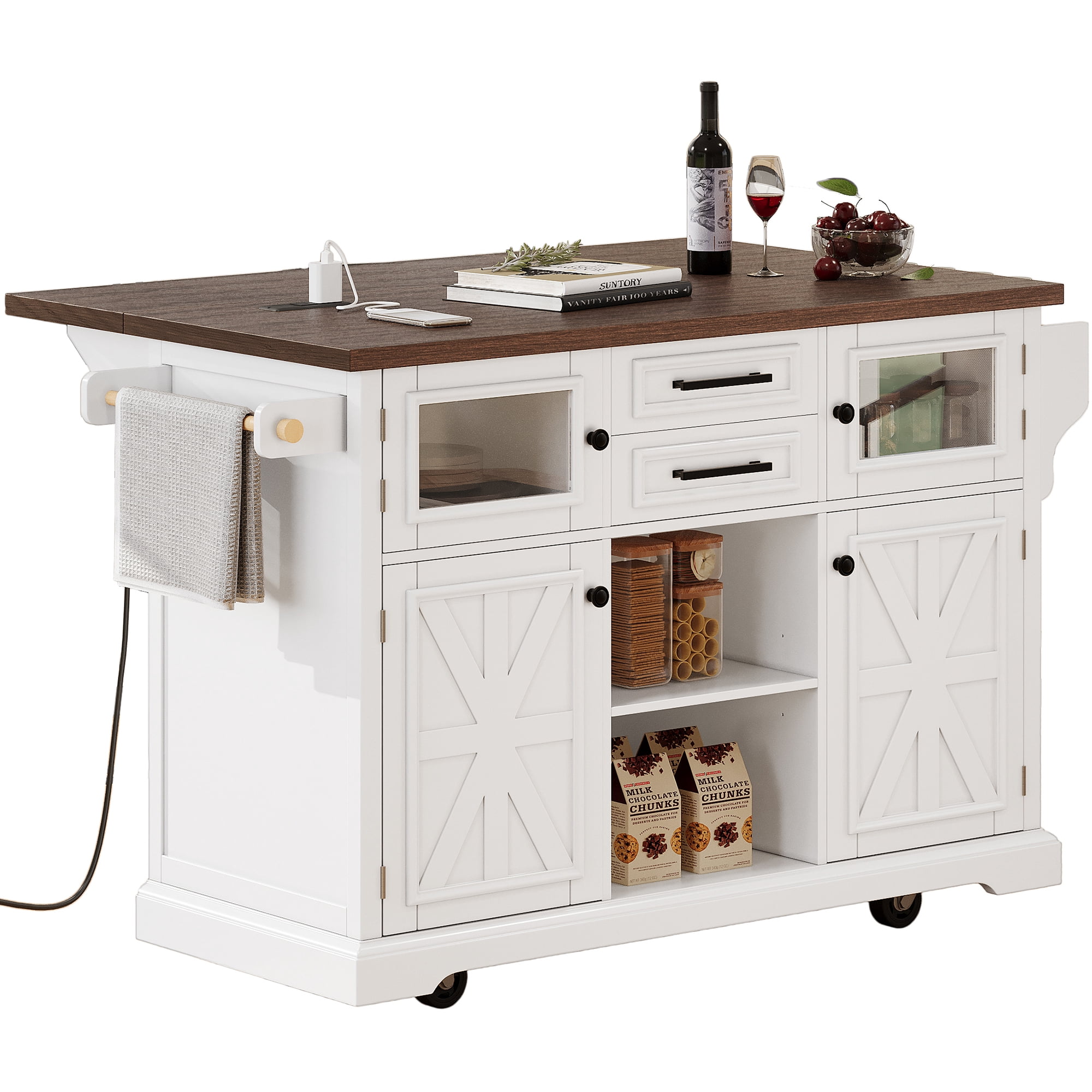 Harper & Bright Designs Kitchen Island with Drop Leaf and Wheels, Kitchen Storage Cart with 4 Door Shelves, Farmhouse Rolling Kitchen Island with Power Outlet and Visual Glass Door, White