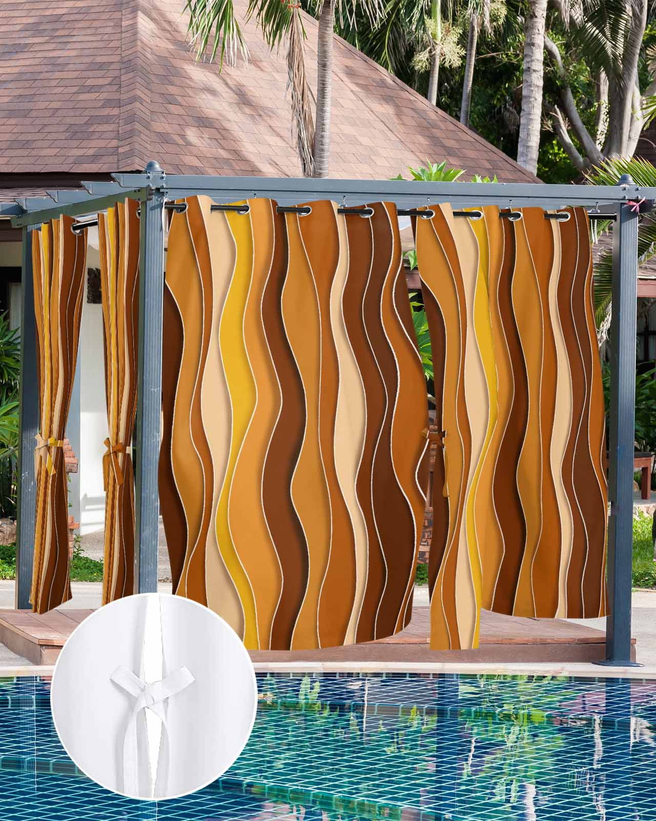 nqOlkjepod Outdoor Curtains for Patio Waterproof, Burnt Orange Ombre Outdoor Privacy Panels Grommet, Abstract Art Moire Ocean Waves Blackout Outside Curtains for Porch/Cabana 54"x108", 2 Panels