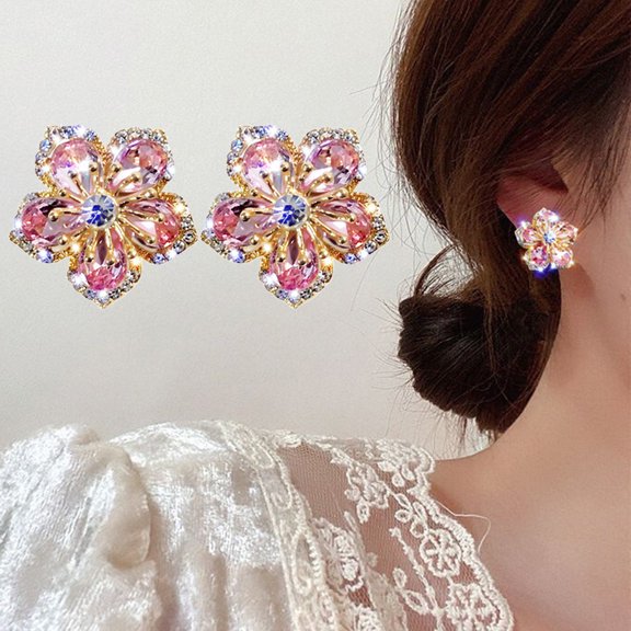 Women Fashion Rhinestone Flowers Design Ear Stud Earrings Jewelry Gift Accessory