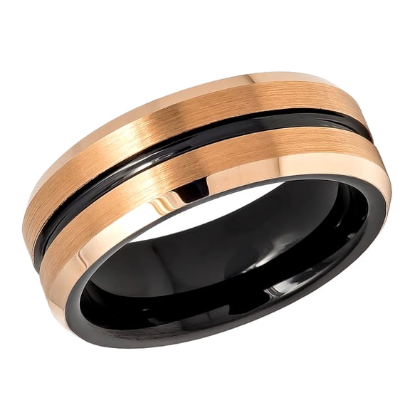 Free Engraving Personalized Custom Engraving Men's Women's Tungsten Wedding Band 8mm Two-tone Black IP Inside Center Groove with Rose Gold IP Finish Beveled EdgeSZ: 7.5