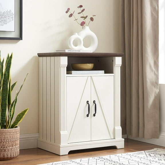 Farmhouse Bathroom Floor Cabinet, Freestanding Storage Cabinet with Double Doors and Adjustable Shelves, Wooden Small Storage for Living Room, Bathroom (Antique White)