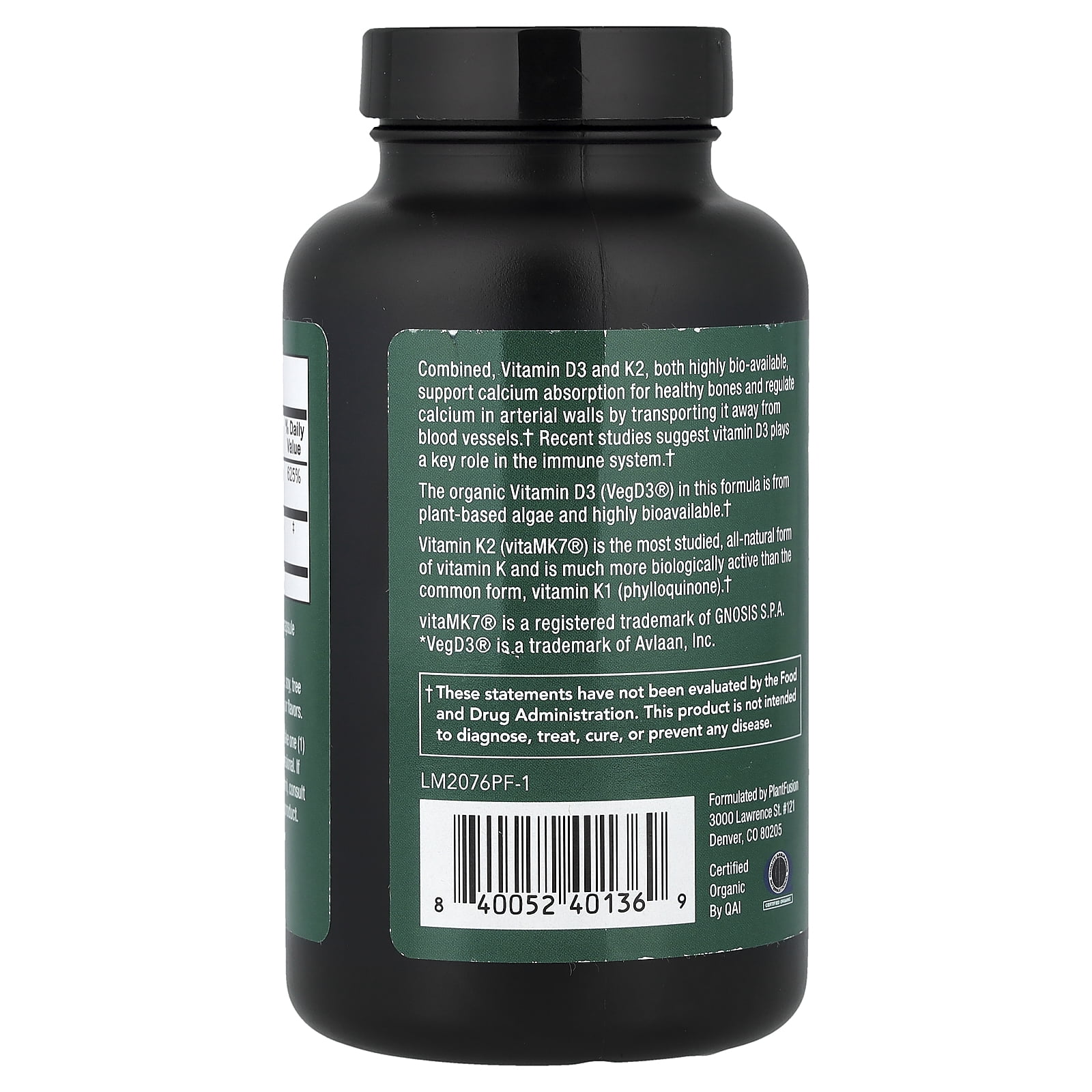 PlantFusion Organic Vegan, Vitamin D3 + K2, 120 Organic VegCaps
