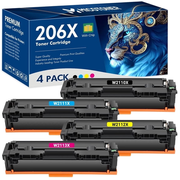 206X Toner Cartridges with Chip 4-Pack Compatible for 206X 206A W2110X W2110A W2111X W2112X W2113X LaserJet Pro MFP M255dw M283fdw M283cdw M282 Printer Ink (Black,Cyan,Magenta,Yellow)