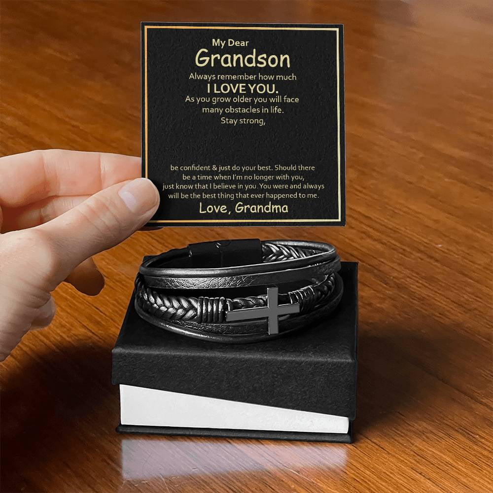 To My Grandson Always Remember How Much I Love You Men's Cross Bracelet - Vegan Leather with Stainless Steel