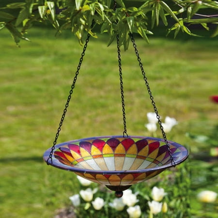 Glass and Metal Chain, Bird Bath Hanging Tiffany,11.5x11.5x21 Inches