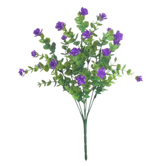 Ramo de rosas artificiales con hojas de eucalipto, plantas de vegetación de plástico Púrpura