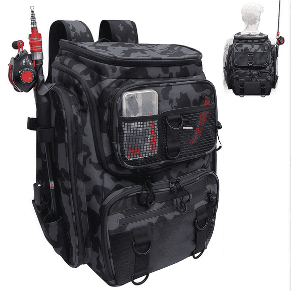 AGOPLEE Fishing Tackle Backpack, Tactical Fishing Sling Tackle Bag, Water Resistant Fishing Tackle Box Bag with Rod Holders