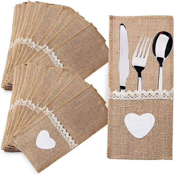40pcs Jute and Lace Canvas Utensil Holder Knife Bag Table Bag Cutlery Bag Cutlery Supplies Accessories Vintage Table Decoration, 11*21cm
