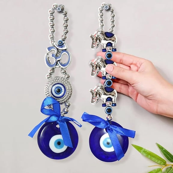 Turkish OM Elephant Blue Evil Eye Feng Shui Hanging for Home Entrance Wall Door Car Dashboard Pendant Ornament Office Good Luck and Prosperity Decorative Gift Items (17.7 cm) Set of 2