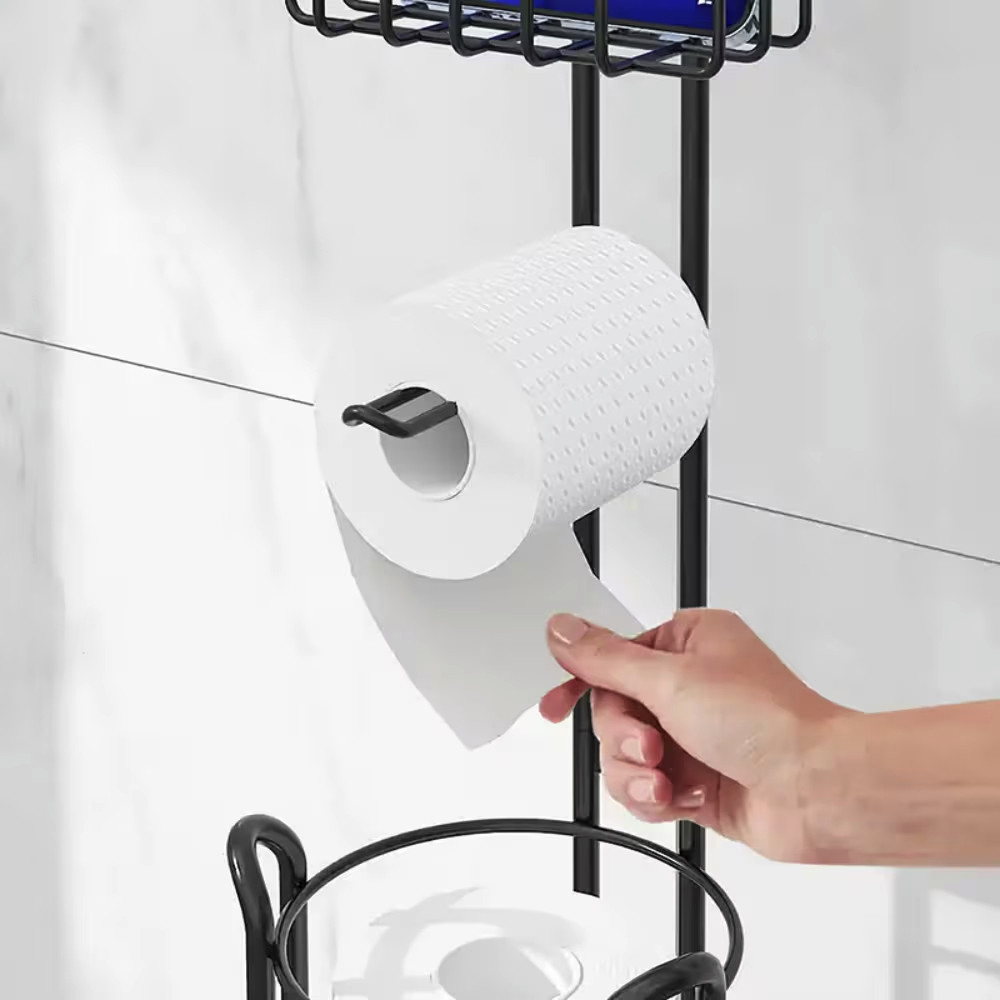 Bxaolu Toilet Paper Holder Free Standing – Rustproof Metal Toilet Paper Stand for 4 Rolls with Shelf for Phone & Small Items, Bathroom Organizers and Storage, Black