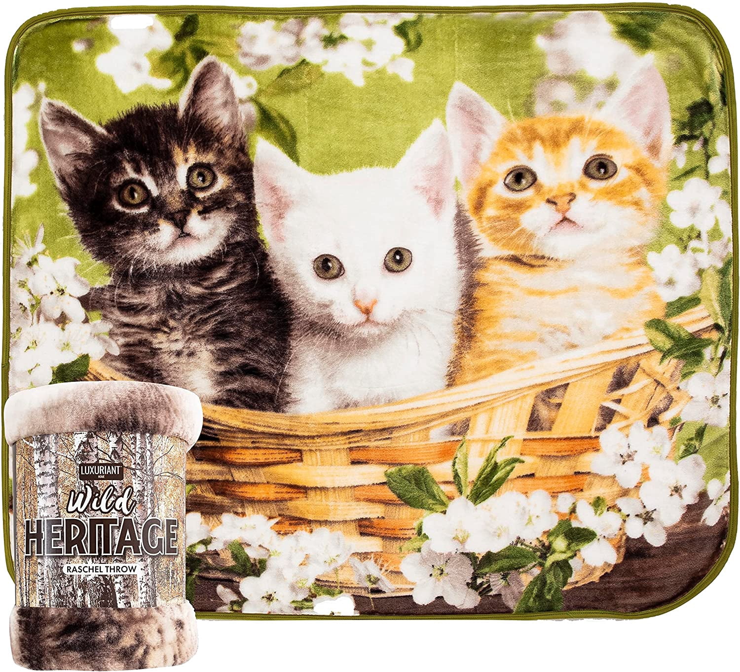 Basket of Kittens Raschel Throw Blanket, 50 x 60 inches Green