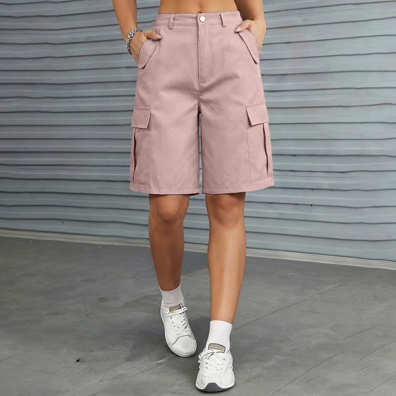 Bermuda Cargo Denim Shorts for Women Knee Length 6 Pockets Elastic Waist Long Jorts for Summer Casual Pink 2XL