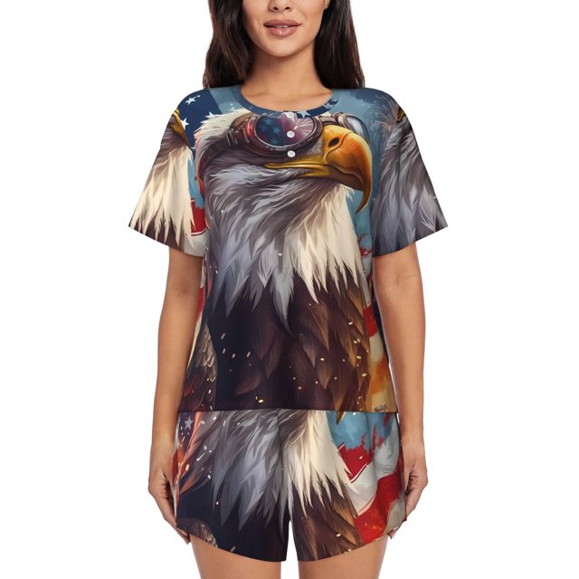 Balery Bald Eagle Pilot Conjunto de Pijama para Mujer con Estampado, Dos Piezas de Manga Corta y Shorts, Ropa de Dormir Suave con Cuello Redondo y Bolsillos-Small