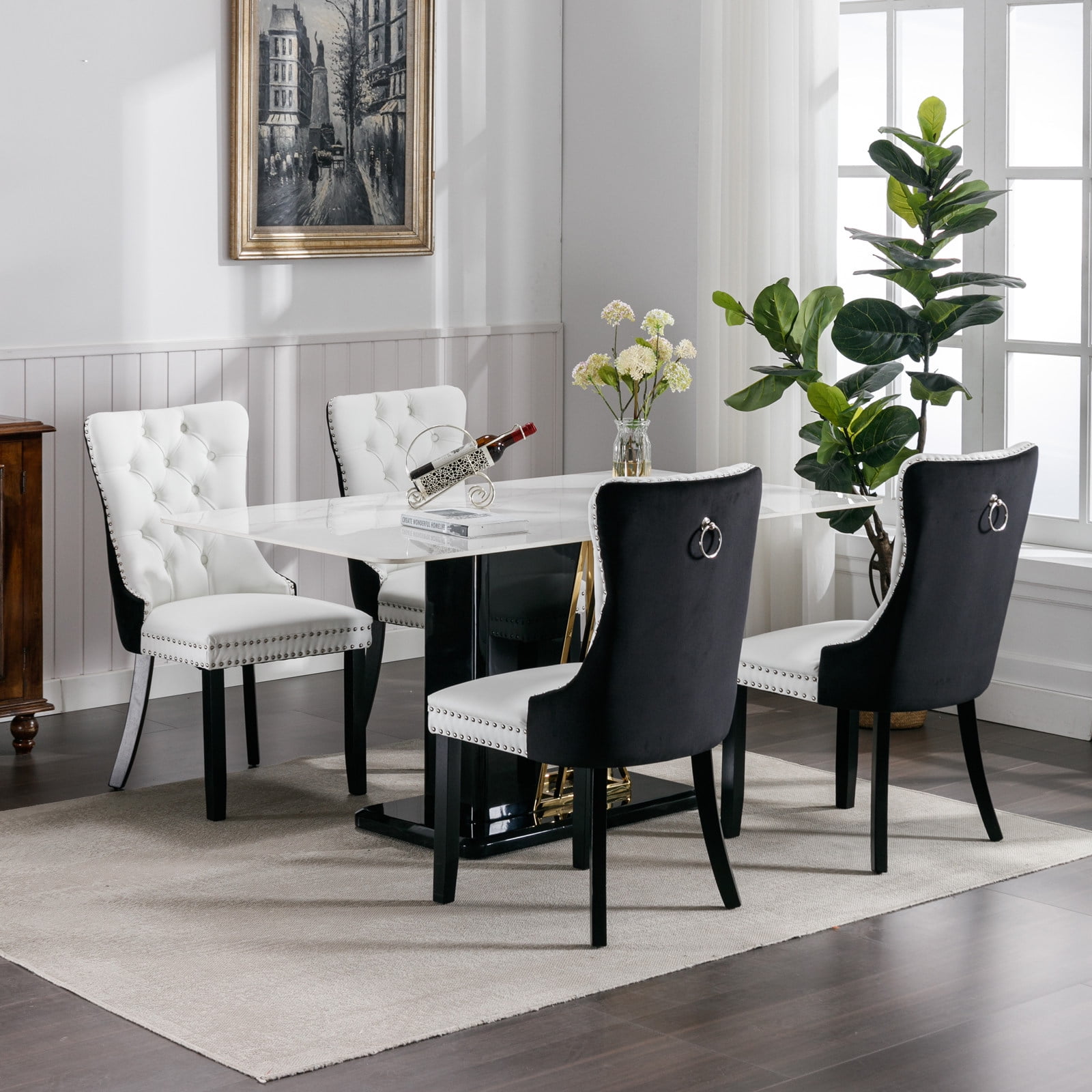 Gewnee 2 Piece Sets Modern High-end Tufted Solid Wood Contemporary PU and Velvet Upholstered White+Black Dining Chair with Wood Legs Nailhead Trim