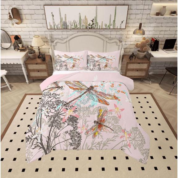 Erosebridal Animal Dragonfly Bedding Twin Comforter Set,Mother'S Day Gifts Down Comforter,Pink Blue Bedding Sets Twin With Comforter,Lightweight Flower Bedroom Decoration,Reversible,2-Piece