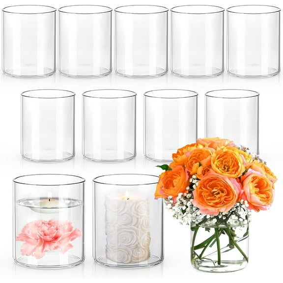 4 Inch Small Glass Cylinder Vases for Centerpieces | 12pcs Clear Flower Vase for Wedding Decorations, Floating Candle Vases in Bulk, Hurricane Candle Holders for Table, Home Décor