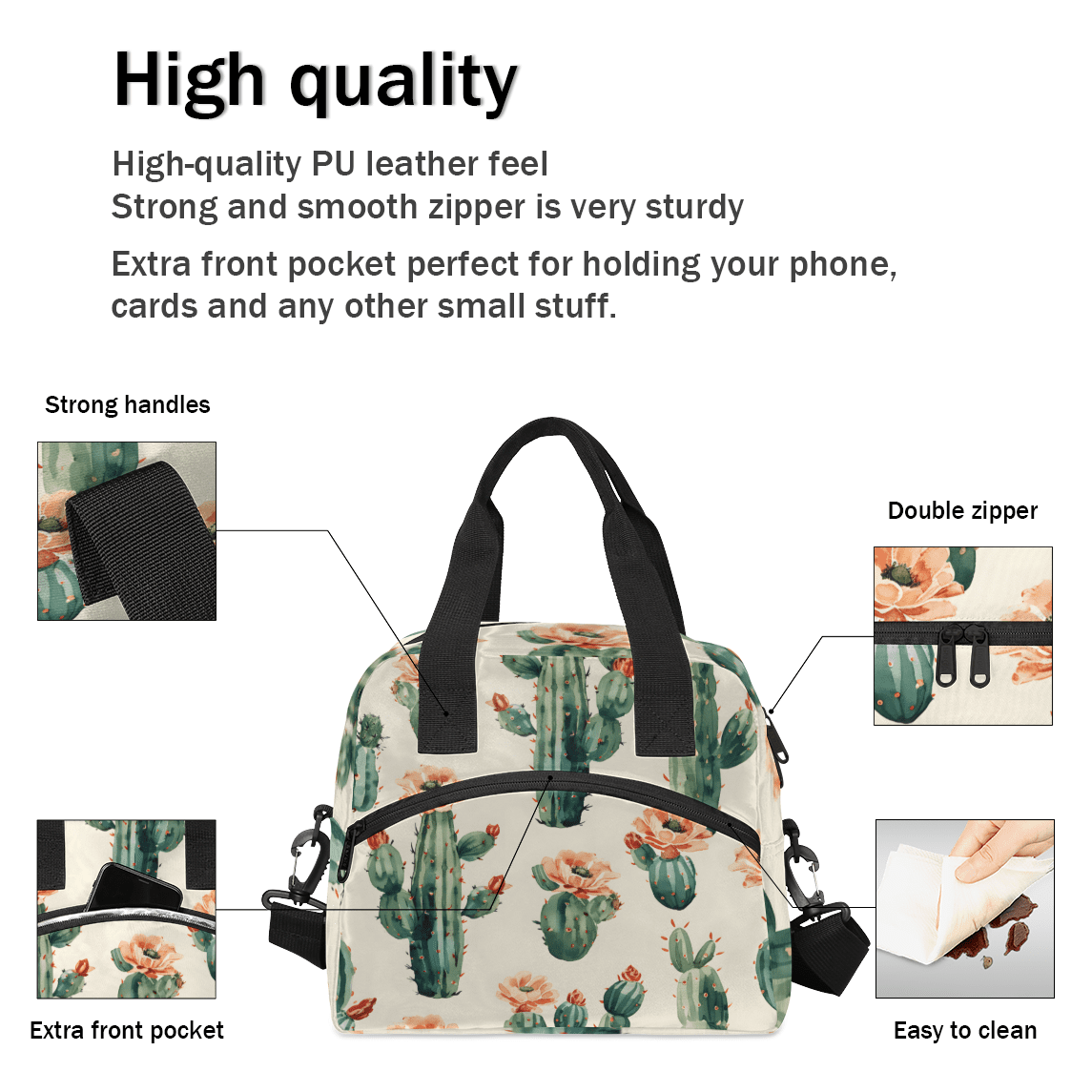 Herdesigns Cactus Insulated Lunch Bag for Women Men Adults Large Reusable Lunch Box Tropical Plant Succulent Cacti Leakproof Cooler Tote Bags with Adjustable Shoulder Strap