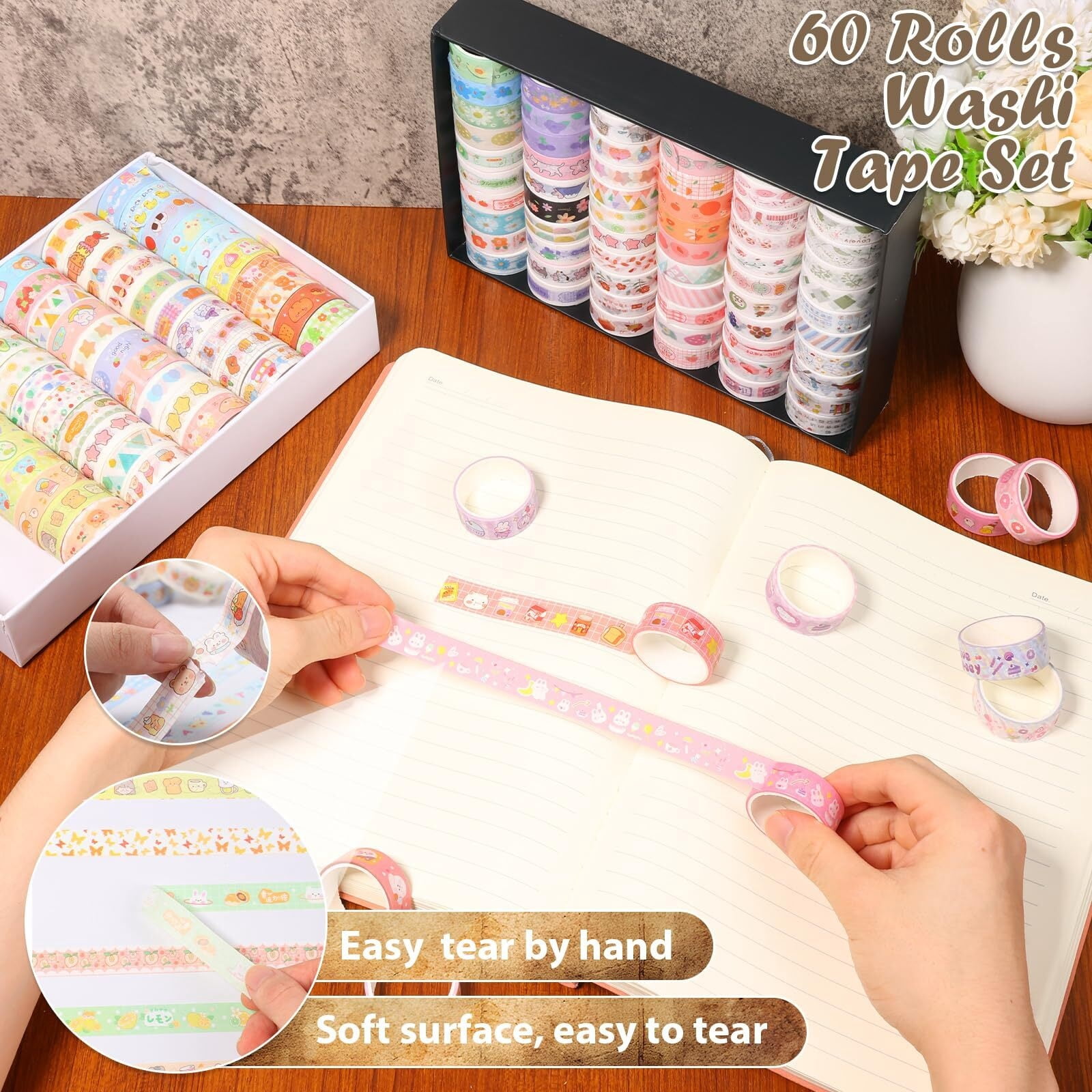 120 Rolls Washi Tape Set, Aesthetic Decorative Masking Tape for Journaling Supplies, Scrapbooking Kit, DIY Arts & Crafts - Floral, Fruit, Geometric Patterns for Bullet Journal & Gift Wrapping