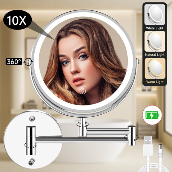 8"Wall Mounted Lighted Makeup Mirror - 1X/10X Magnification Dual-Sided Vanity Mirror with 3 Color Lights for Bathroom Bedroom Makeup Studio