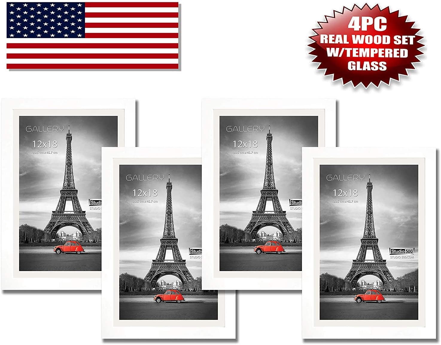 Studio 500 Luxury Collection Gallery 1-Opening 12" x 18" Matted to 11" x 17" Wood Brushed White Poster Frames, 4 Count