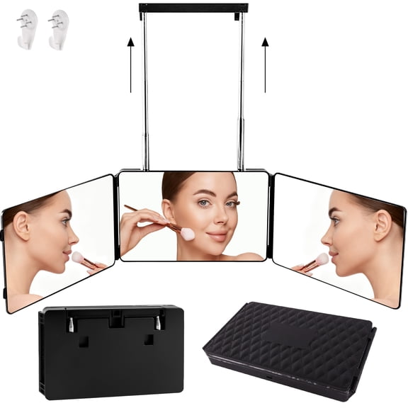 Yalumo 3 Way Mirror for Hair Cutting, 360View Trifold Self Haircut Mirror with Adjustable Height Hooks, Portable Travel Three Way Grooming Mirror for Men & Women