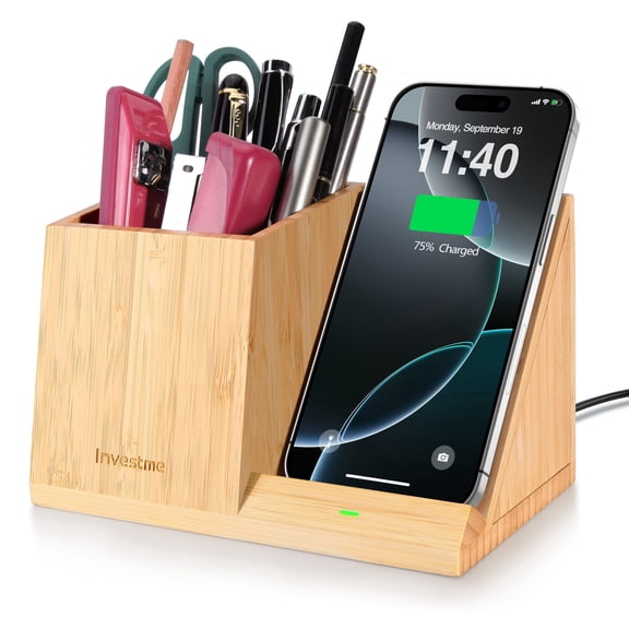 Investme Desk Organizer with Wireless Charging, Bamboo Pencil Holder with 15W Fast Wireless Charger Compatible with iPhone and Samsung for Desk & Nightstand