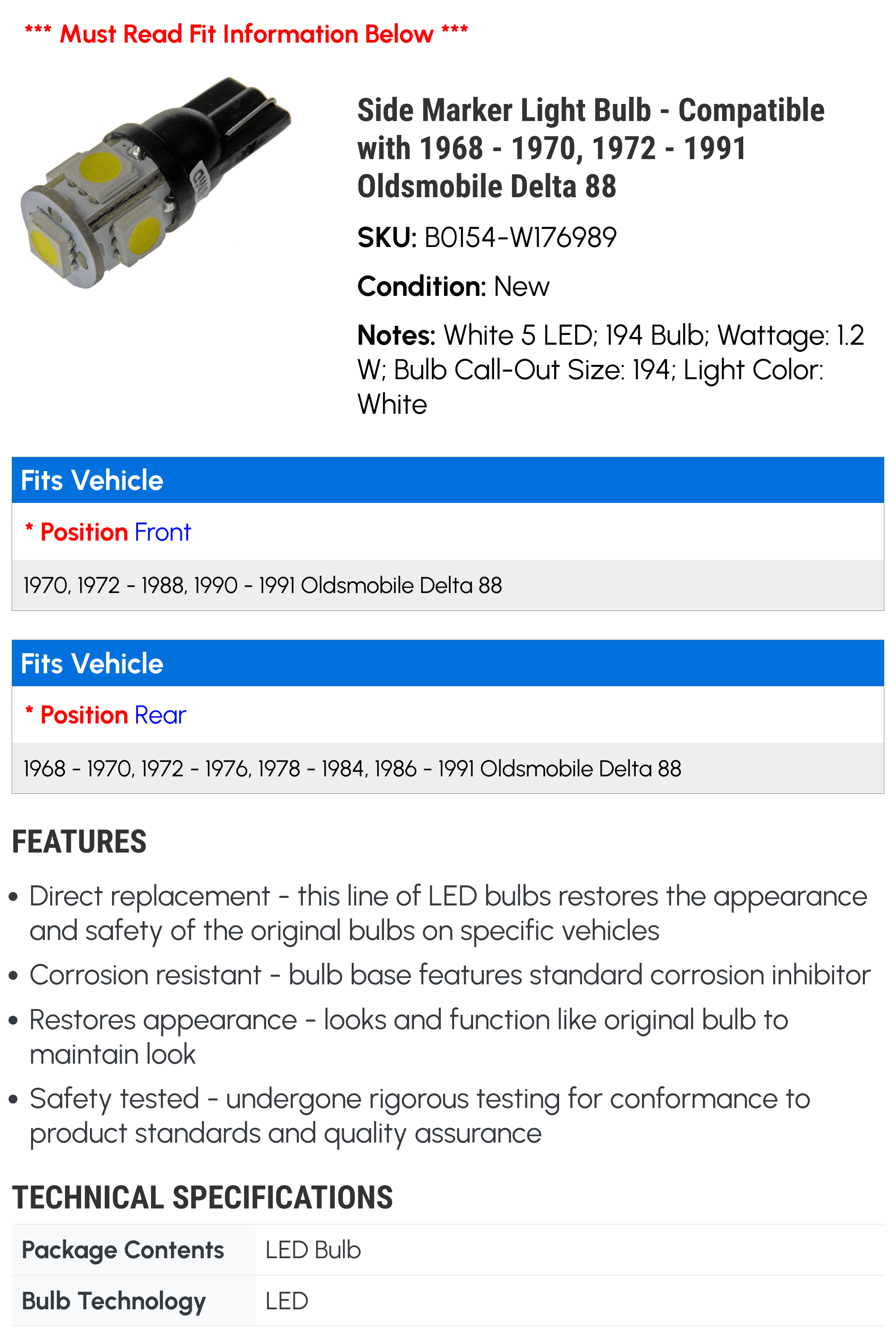 Side Marker Light Bulb - Compatible with 1968 - 1970, 1972