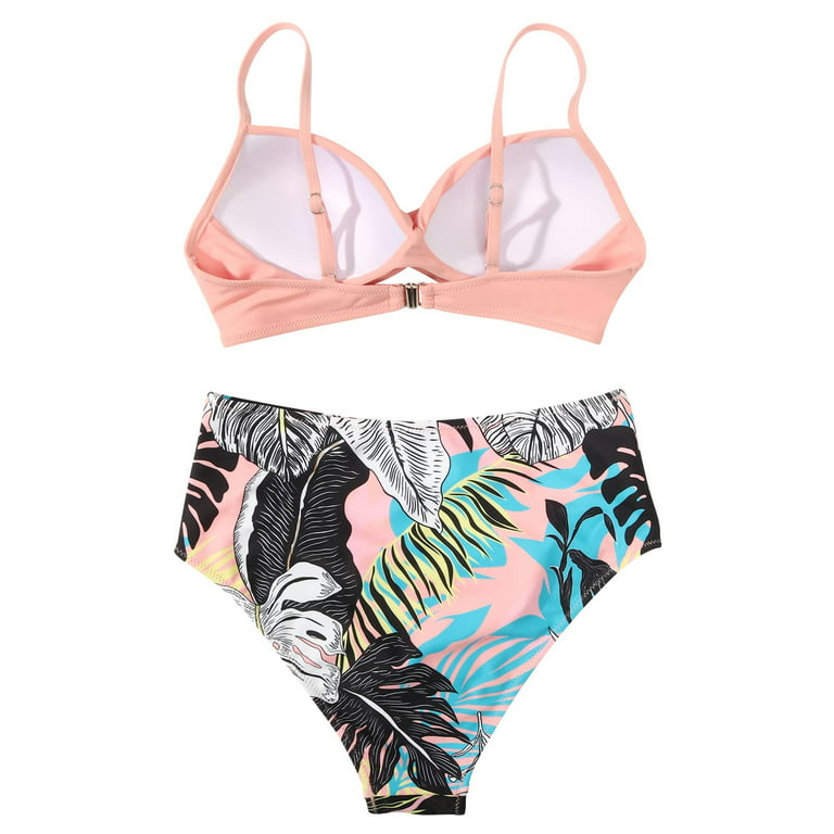 Aayomet Women's 2 Piece Color Block Bikini Set Wireless Swimsuit High Waist  Bathing Suit plus,Pink L