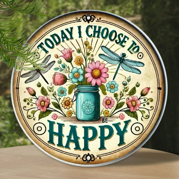 2D Flat, 1pc 8x8 Inch Vintage Aluminum Round Wall Art Sign - 2D Flat Today I Choose to Be Happy Inspirational Decor with Floral & Dragonfly Design, Rustic Home Bedroom Living Room Coffee Shop Decorati