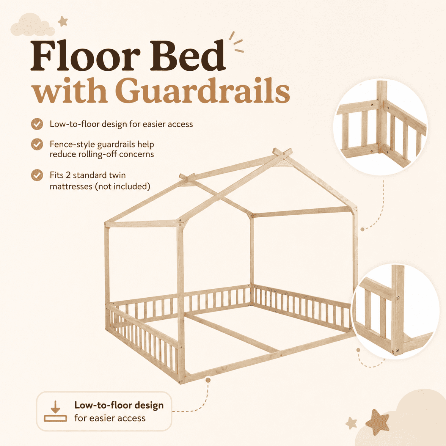 Miniyam Double Twin Floor Bed for Kids, House Bed with Guardrails and Open Entrance, Natural