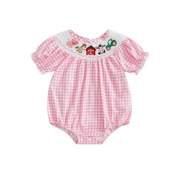 BemeyourBBs Newborn Baby Girl Farm Animal Outfit Cute Infant Baby Girls Summer Clothes Gingahm Bubble Romper Short Sleeve Plaid Embroidery Smocked Bodysuit Jumpsuit Playsuit