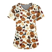 LoTiSee Women's Halloween V-Neck Scrub Top – Short Sleeve Fall Harvest Print Nurse Uniform with Pockets for Work & Party