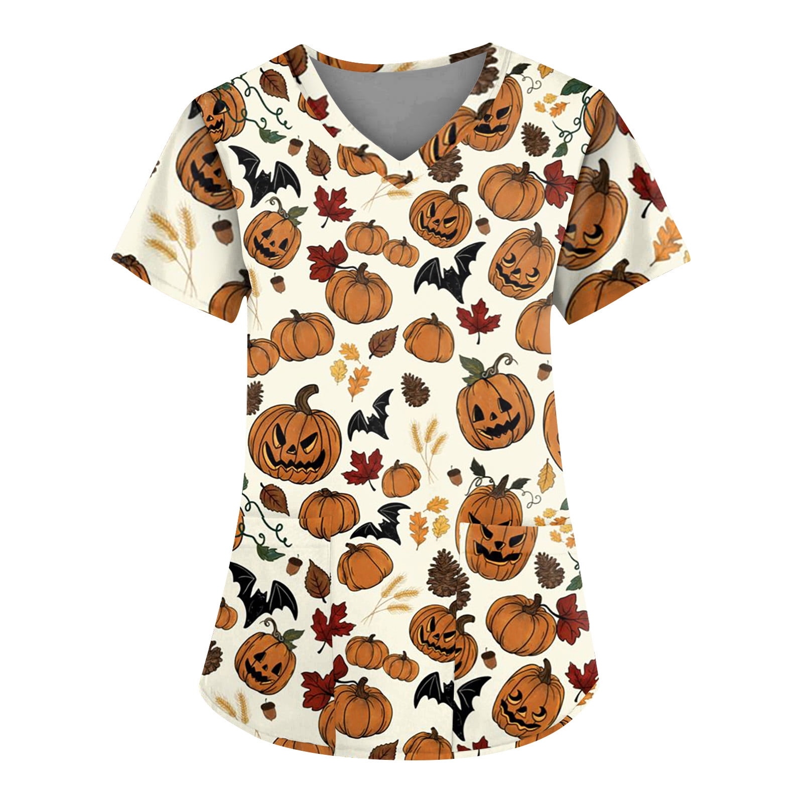 LoTiSee Women's Halloween V-Neck Scrub Top – Short Sleeve Fall Harvest Print Nurse Uniform with Pockets for Work & Party