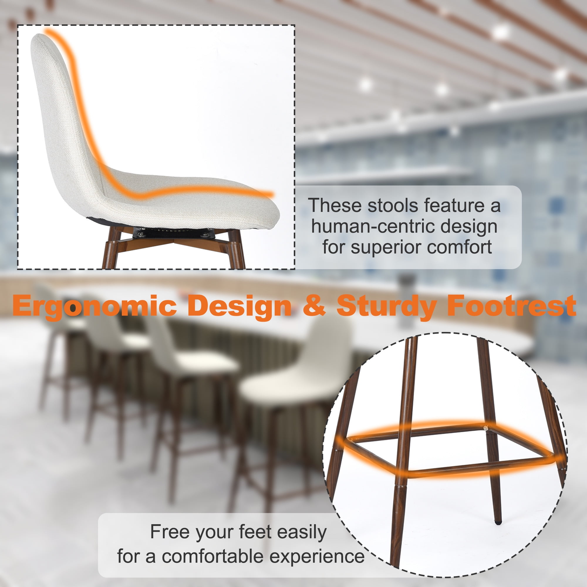 Homy Casa 26" Swivel Counter Height Bar Stools, Set of 2, Beige Fabric, Wood-Look Metal Legs