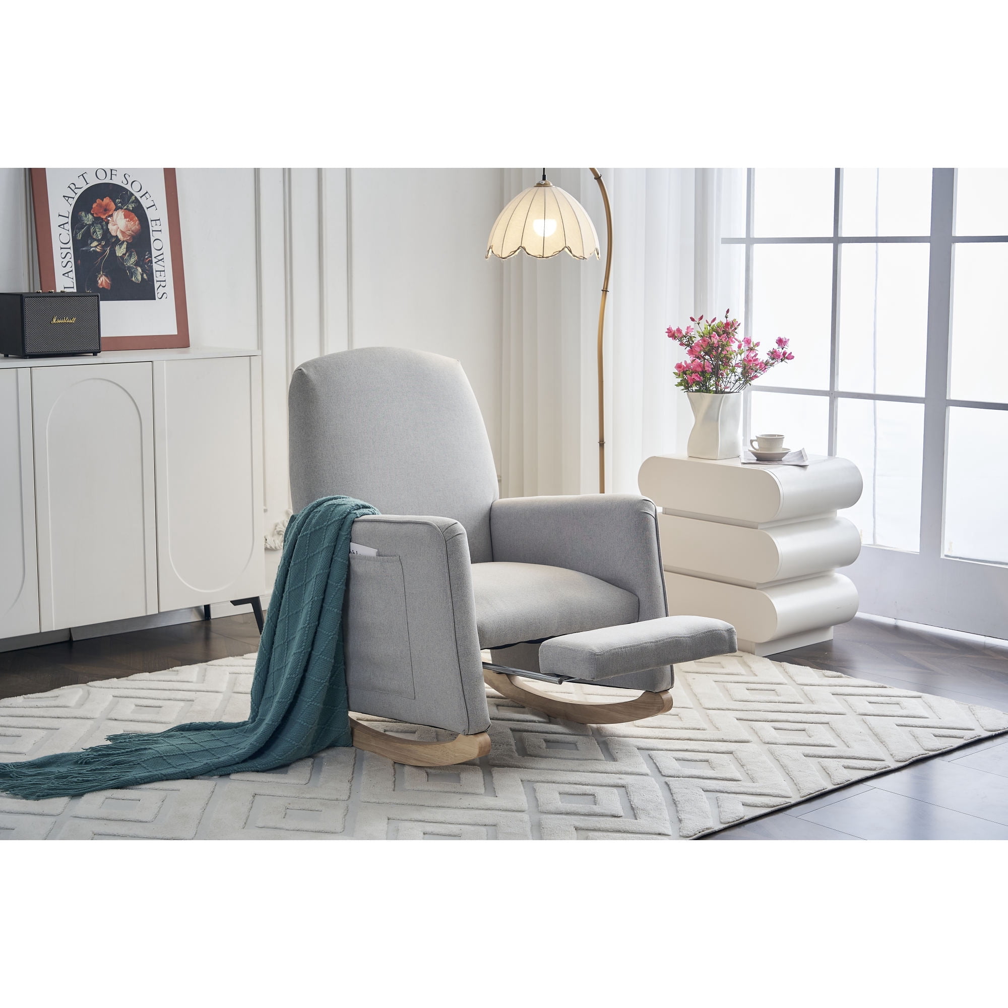 Leumius Nursery Rocking Chair,Cotton Linen Upholstered Glider Rocker Chair with Adjustable Footrest,Comfortable Rocker Recliner with Side Pocket for Living Room, Bedroom, Nursing Room,Light Gray
