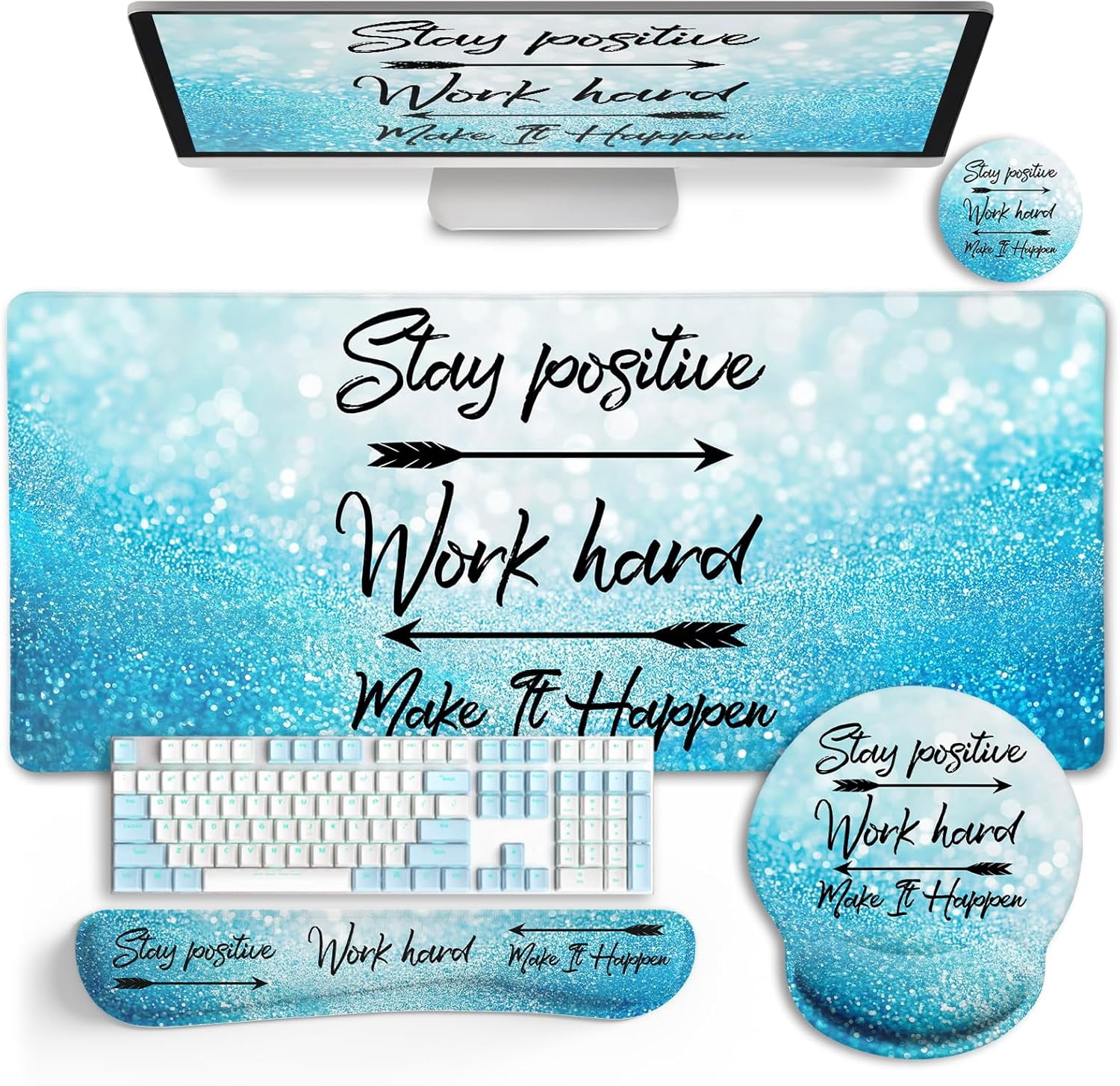 Desk Mat Set, Large Gaming Mouse Pad with Wrist Rest, Ergonomic Mouse Pad Keyboard Mat Wrist Support, Cup Coaster, Home Office Desk Accessories Decor Supplies, Funny Black Cat