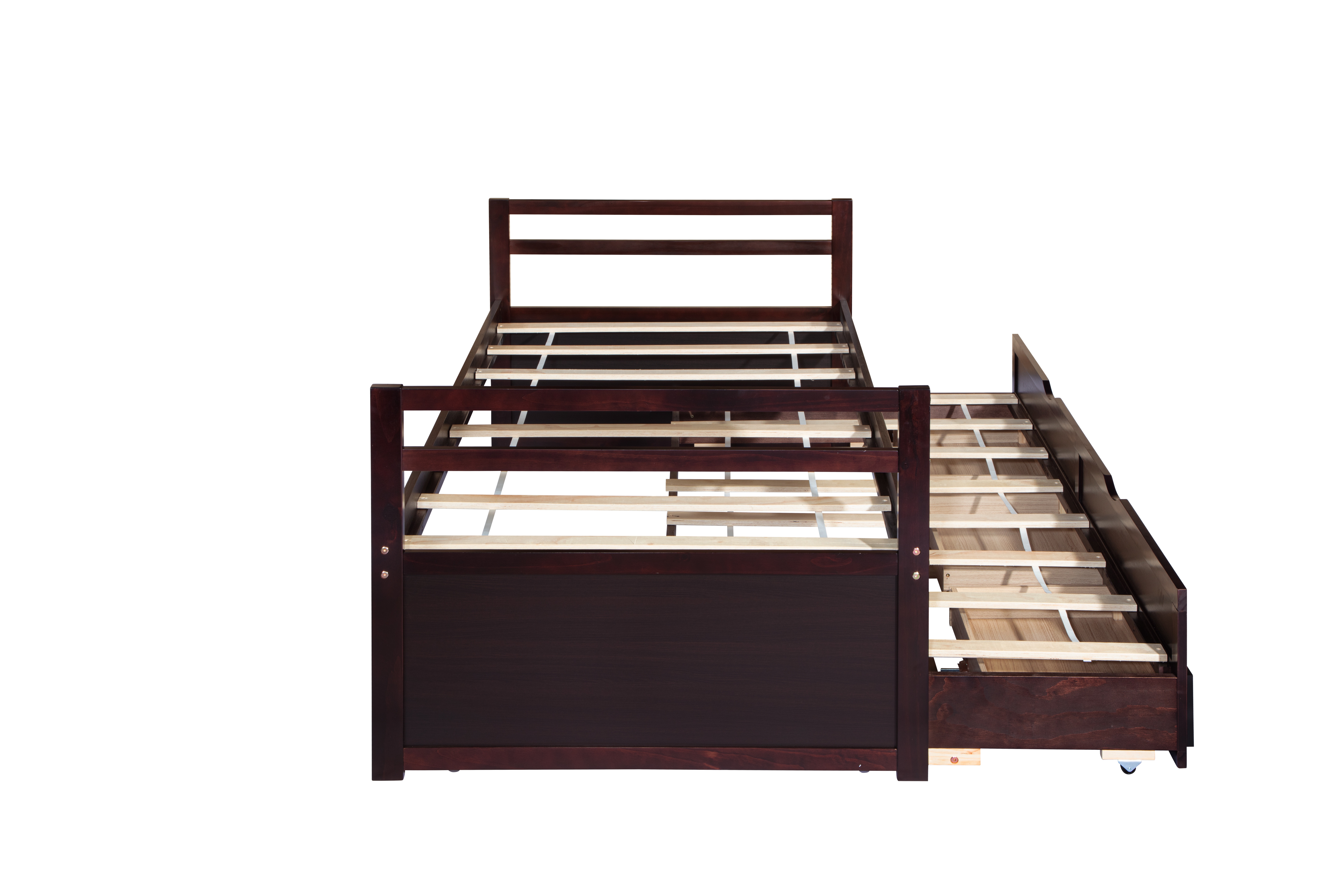 Bellemave House Twin Size Pine Wood and MDF Bed Frame with Trundle, Brown