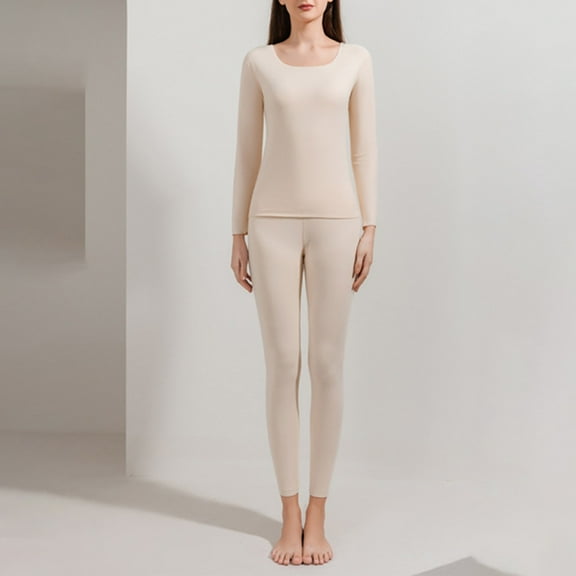 SnZhen Thermal Underwear Set for Tight Fashion Square Neck Solid Color Warm Suits Elastic Casual Pajama Set A-Beige XXL