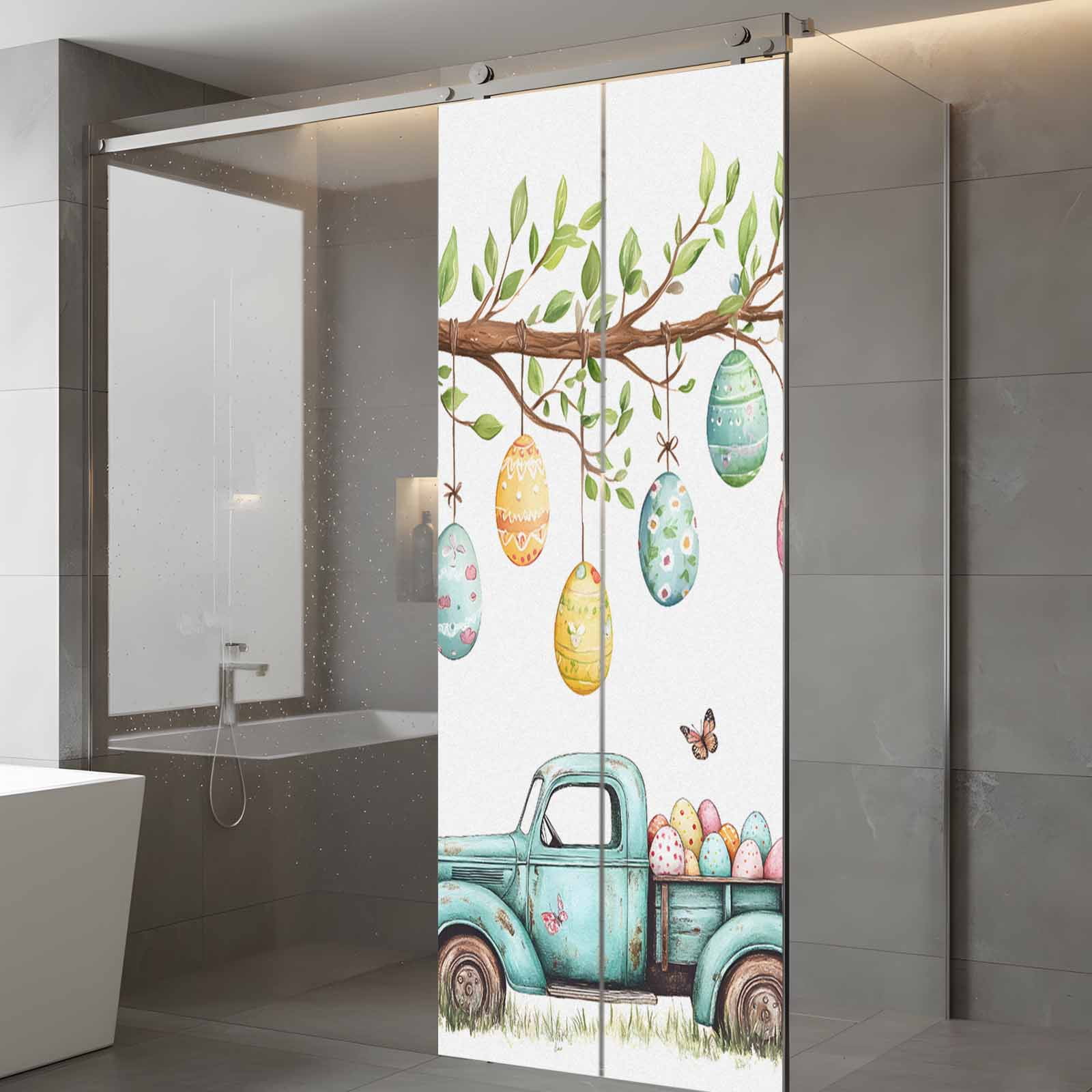 Easter Eggs Window Privacy Film, Truck with Egg Frosted Glass Window Clings Static Cling UV Heat Blocking Reusable Door Sticker for Bathroom 23.6 x 59 Inch