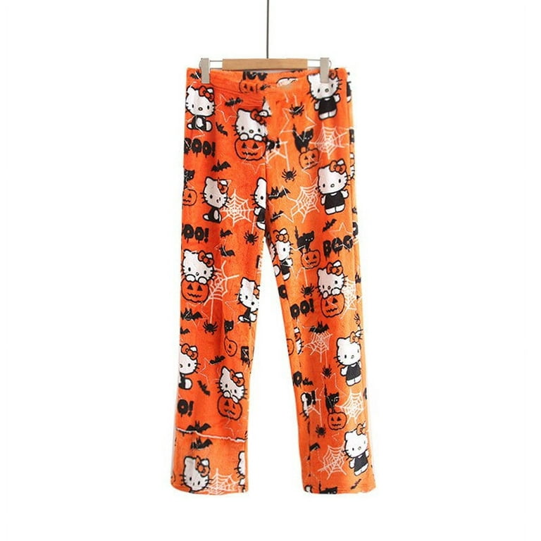 Cool Hello Kitty Kuromi Sanrio Cartoon Plush Pants Y2K Halloween Kt Cat  Pumpkin Pajama Pants Autumn/winter Warm Home Pants Gift