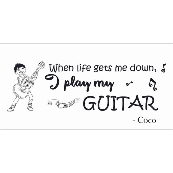 Miguel Playing Guitar Musical Skull Notes Wall Art Decal | 10" x 20" DIY Stick And Peel Wall Disney Coco Movie Quotes Home Vinyl Decoration Adhesive Sticker | When Life Gets Me Down I Play My Guitar